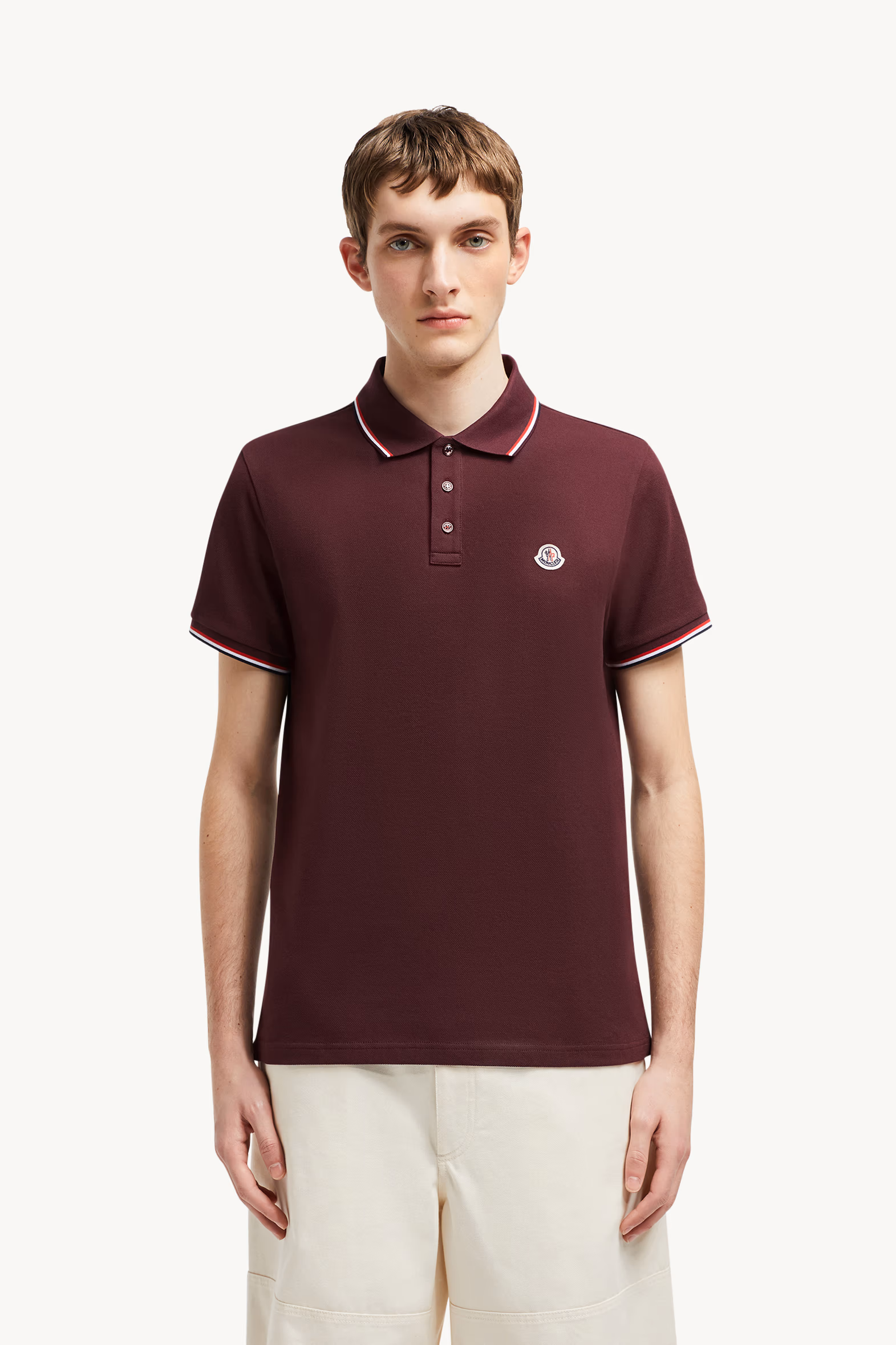 Polo de piqué de algodón con ribetes tricolor Hombre Rojo Moncler 3